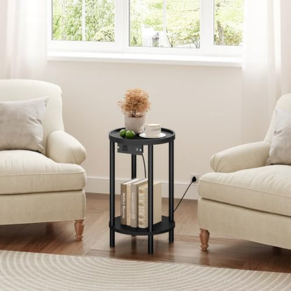 HOOBRO Small Round Side Table with Charging Station, 2-Tier Round Bamboo End Table, Compact Sofa Bedside Table for Small Space, Easy Assembly, for Living Room, Bedroom, Apartment, Black BB156UBZ01 - color: Black