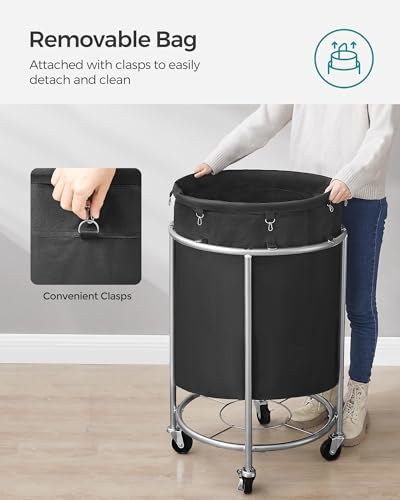 SONGMICS Laundry Basket, Rolling Steel Frame with 2 Locking Wheels, 190 L | Heavy-Duty Laundry Hamper Cart with Removable Bag, Ink Black and Metallic Silver, URLS001B01 - color: Ink Black + Metallic Silver, size: 190 L (1-Section)