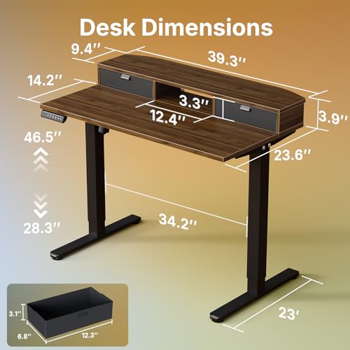HUANUO 40" X 24" Electric Standing Desk with 2 Drawers, C-Clamp Mount Compatible, Height Adjustable Computer Desk, Home Office Stand Up Desk with 4 Preset Heights & 2 Hooks, Walnut - color: Walnut, size: 40" X 24"