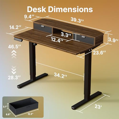HUANUO 40" X 24" Electric Standing Desk with 2 Drawers, C-Clamp Mount Compatible, Height Adjustable Computer Desk, Home Office Stand Up Desk with 4 Preset Heights & 2 Hooks, Walnut - color: Walnut, size: 40" X 24"