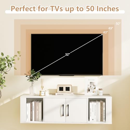 GOFLAME Floating TV Stand, Wall Mounted TV Console Table with Doors, Entertainment Media Center Under TV, Modern TV Cabinet for Living Room, Bedroom, Office, White - color: White