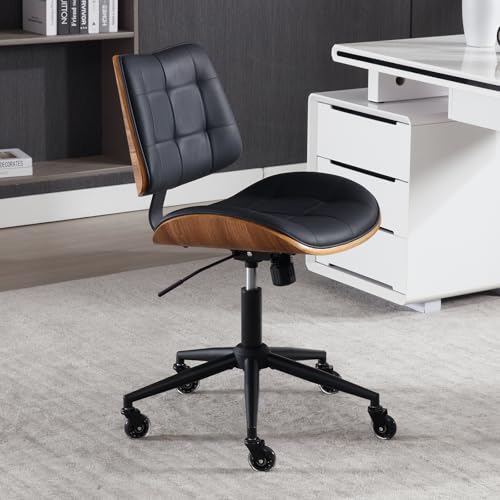 Home Office Desk Chair with Rubber Wheels, Armless Bentwood, Black | Adjustable Height Armless Office Chair, PU Leather Mid Back 360°Small Computer Chair, No Arms Walnut Seating, 300LBS Support - color: Black, size: Standard Style