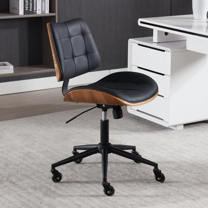 Home Office Desk Chair with Rubber Wheels, Armless Bentwood, Black | Adjustable Height Armless Office Chair, PU Leather Mid Back 360°Small Computer Chair, No Arms Walnut Seating, 300LBS Support - color: Black, size: Standard Style