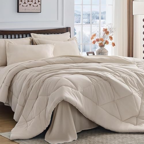 7-Piece Oversized King Comforter Set, Beige | Reversible, All-Season, Soft, 7 Piece Set, All-Season Reversible Bed in a Bag, Flat Sheet, Fitted Sheet, Pillowcases - color: Beige, size: Oversized King