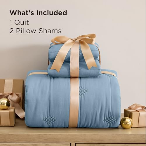 Bedsure King Size Quilt - Prewashed Extra Soft Cotton-Like Polyester Bedspreads King Size, Lightweight Comforter, Includes 1 Quilt 106x96 Inches with 2 Shams, Machine Washable, Dusty Blue - color: 04 - Dusty Blue, size: King (106" x 96")