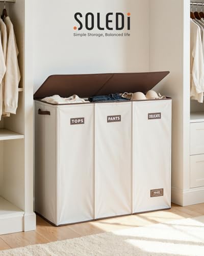 SOLEDI 200L 3-Section Laundry Hamper with Lid, Extra Large Dirty Clothes Basket with Sturdy Handles for Laundry Room & Bedroom - Durable Organizer for Sorting Laundry - color: Off-white, size: 200L
