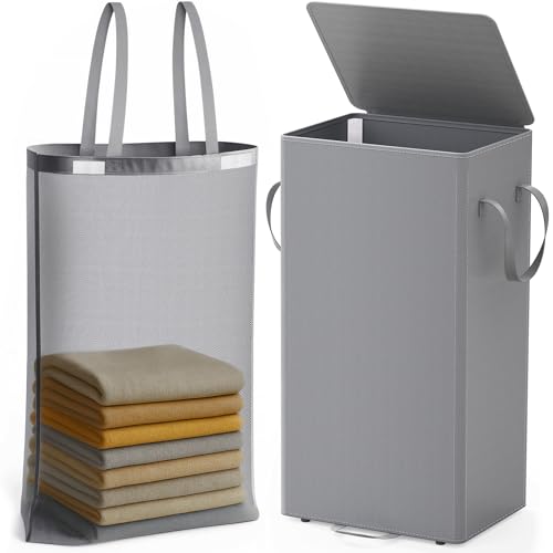 Laundry Hamper with Lid and Foot Pedal, 100L Fabric Laundry Basket with Removable Mesh Bag, Slim Foldable Design for Bathroom and Laundry Room (Gery)
