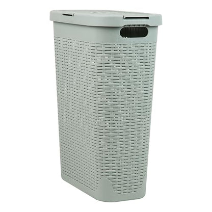 Mind Reader Slim Laundry Hamper with Lid, 40L Clothes Basket, Narrow Tapered Design with Ventilated Cutout Pattern, Plastic, Mint - color: Mint, size: Single