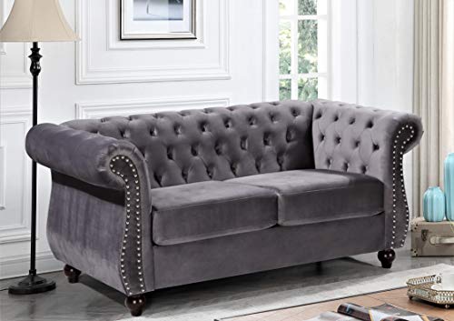GDFStudio 82.6" Chesterfield Sofa Set, Modern Velvet Upholstered Sofa Set, Comfy 3 Seat Couch with Loveseat for Living Room Apartment, Button Tufted Rolled Arms Solid Wood Legs Spring Cushion, Black - color: Grey, size: 3+2 Seat