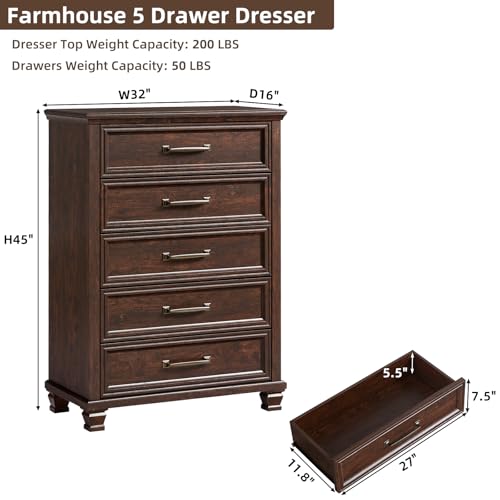 Farmhouse 5 Drawer Dresser for Bedroom, Walnut | 45” Tall Vertical Dressers Chest of Drawers with Reinforced Top & Square Wooden Legs - color: Walnut, size: 16"D x 32"W x 45"H (5 Drawers)