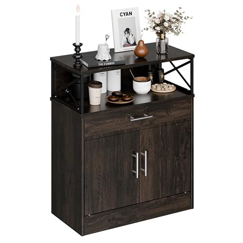Kitchen Buffet Sideboard Cabinet, Storage Cabinets with 2 Doors and 1 Drawers, Open Storage & Adjustable Shelf, Farmhouse Coffee Bar Cabinet with Storages for Kitchen, Rustic Brown - color: Brown, size: 31.5 inch