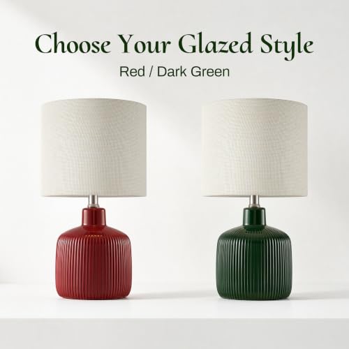 Glazed Ceramic Table Lamp, 17.5" Rustic Farmhouse Bedside Lamp with Beige Linen Shade, Warm Ambient Nightstand Lighting for Bedroom or Living Room, Dark Green Glossy