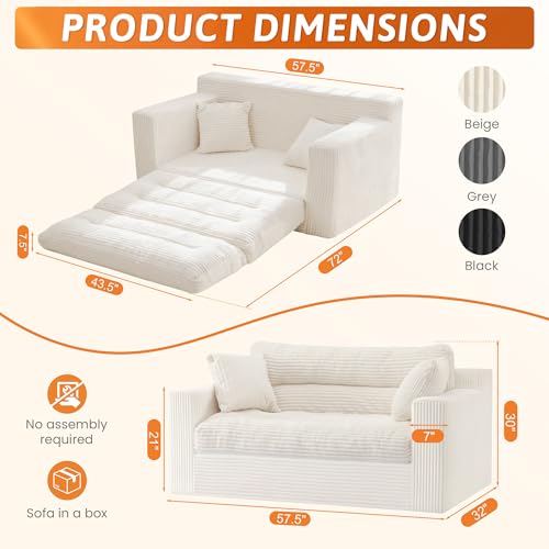 Erament Boneless Loveseat Sofa Couch, 2 in 1 Convertible Sofa Bed with Pillows, Fold Out Bean Bag Chair Boneless Floor Couch for Living Room Bedroom Office Lounge Apartment, No Assembly Needed, Beige - color: Beige, size: Loveseat