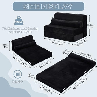 Convertible Folding Sofa Bed Mattress with Pillow & Side Pocket, Plush Fabric Floor Mattress Couch Bed, Washable Cover, Twin Size, Black - color: Plush Black, size: Twin Size