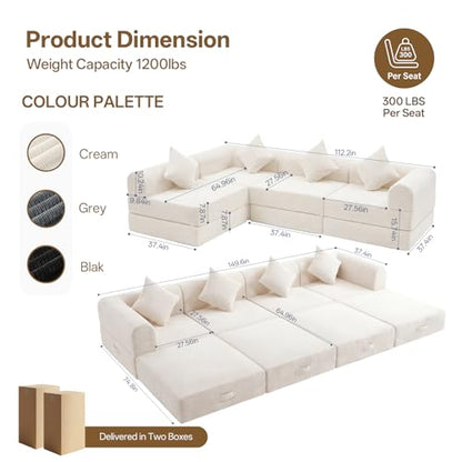 112" L Shaped Modular Sectional Sofa with Ottoman, Cloud Boneless Couch Deep Seat with 4 Pillows, Oversized Folding Sofa Bed Couches for Living Room Bedroom,No Assembly-White - color: Cream, size: 4 Seat