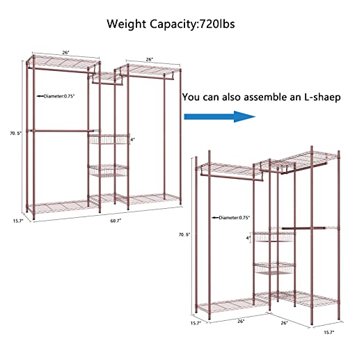 XIOFIO 6 Tiers Heavy Duty Garment Rack,Clothing Storage Organizer, Metal Clothing Rack,Clothing Rack with Hanging Rod,Adjustable Shelf and Fixed Baskets,60.7"L x 15.7"W x 70.5"H Max Load 720LBS,Bronze - color: Bronze