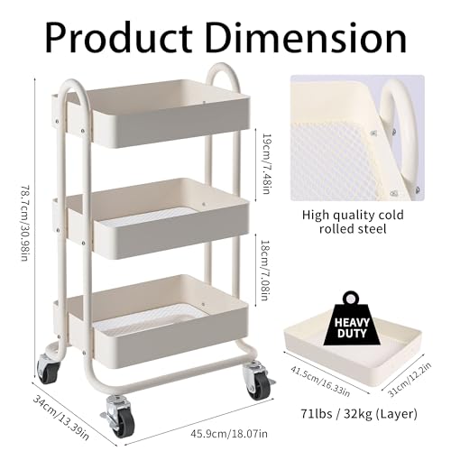 Metal Rolling Cart,3-Tier Metal Rolling Cart with Wheels,3 Tier Utility Cart with Wheels for Office,Home,Kitchen,Garden（13.4"x18.1"x31"） White - color: White, size: 31"H