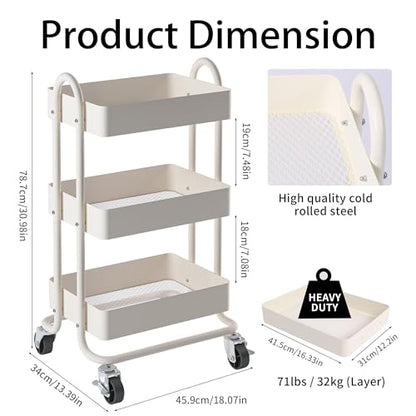 Metal Rolling Cart,3-Tier Metal Rolling Cart with Wheels,3 Tier Utility Cart with Wheels for Office,Home,Kitchen,Garden（13.4"x18.1"x31"） White - color: White, size: 31"H
