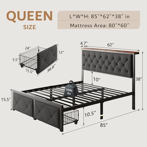 iPormis Queen Bed Frame with 2 Storage Drawers, Linen Upholstered Headboard Platform Bed with Charging Station, No Box Spring Needed, Metal Slats Support, Noise-Free, Easy Assembly, Grey - color: Grey, size: Queen