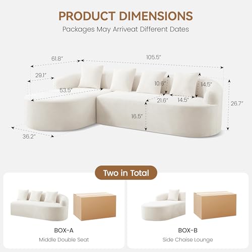 105" Boneless L Shaped Sectional Couch, Curved Cloud Deep Seat Sofa with Chaise Lounge, Oversized 4 Seater Couches for Living Room, No Assembly, Chenille Beige - color: Beige, size: L-Shaped Sofa