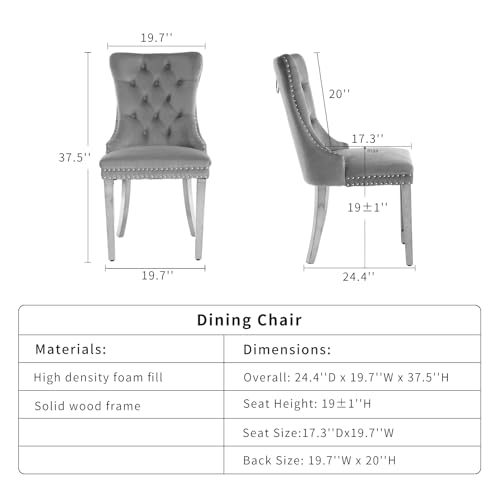 Beige Velvet Dining Chairs Set of 8, Tufted Kitchen & Dining Room Chairs | Eight Fabric Dinning Chairs, Velvet Upholstered, Wing Back, Metal Pull Ring, Chrome Legs, Wood Frame, Mid Century Modern - color: A-3 Beige Velvet, Silver Legs, size: 8