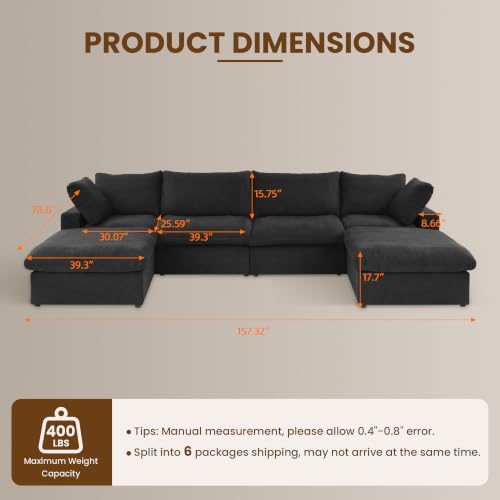 161" Cloud Modular Sofa, Convertible Modular U-Shaped Couch with Storage Ottoman, Cotton Linen Fabric Sofa for Living Room, Apartment and Bedroom, Removable Covers, 2 Pillows, Black - color: Black, size: U-Shape