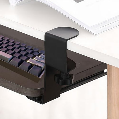Sliding Keyboard Tray Under Desk Slide, 45°Swivel Keyboard Tray Keyboard Holder for Desk Pull Out Keyboard Drawer Under Desk Keyboard Tray Slide Out Clamp on Desk Shelf (Modern)