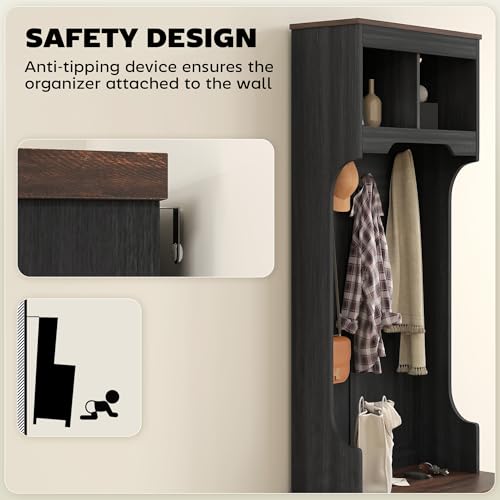 HOMCOM 3-in-1 Hall Tree with Shoe Storage, Shoe Bench, Black Wood Grain | Standing Coat Rack, Entryway Furniture, Three Hooks - color: Black Wood Grain
