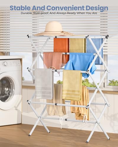 Oversize 3-Tier Clothes Drying Rack, No Install, White | Expandable Design, Non-slip feet, Tool-free Setup, Rust Prevention, Sturdy Construction, 14.9" D x 29.3" W, Holds 24lbs - color: White