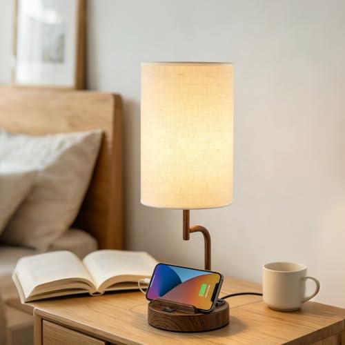 Dreamholder 2 Pack Table Lamp, Bedside Lamp with 3 USB Charging Ports & AC Outlet, USB Desk Lamp with 2 Phone Holders, Linen Fabric Shade Nightstand Lamps for Bedroom Living Room Office, Walnut - color: Walnut