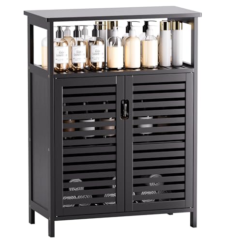 HITNET Bathroom Storage Cabinet, Bamboo Floor Cabinet with Double Doors and Open Shelf, Freestanding Cupboard for Living Room, Kitchen, Entryway, Black - color: Black
