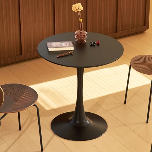 Round Dining Table, 27.6" Circle Tulip Table with Thickened Tabletop & Metal Pedestal, Mid Century Modern Bistro Table for Kitchen, Small Places, Living Room, Cafe (Black) - color: Black, size: 27.6"