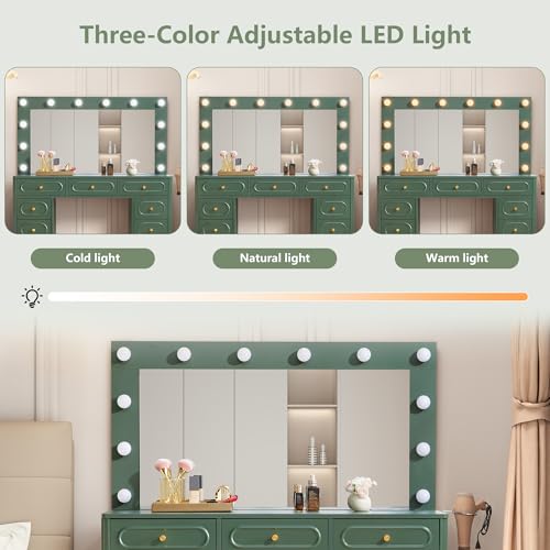 Fluted Vanity Desk with Mirror and Lights, Power Outlets, Modern Wood Vanity Desk Makeup Table with 11 Drawers, 3 Color Modes Dressing Table with Storage for Bedroom, Living Room, Green - style: Green