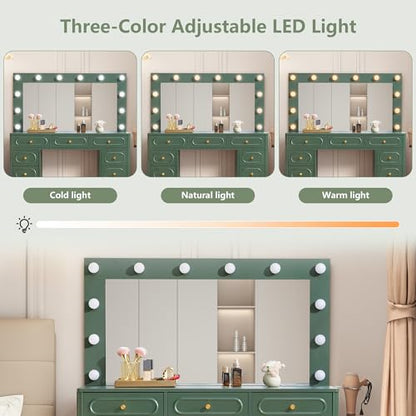 Fluted Vanity Desk with Mirror and Lights, Power Outlets, Modern Wood Vanity Desk Makeup Table with 11 Drawers, 3 Color Modes Dressing Table with Storage for Bedroom, Living Room, Green - style: Green