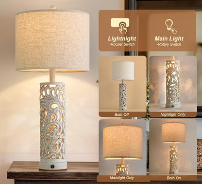 2-in-1 Light Table Lamp Set of 2 for Living Room, 28.5" Farmhouse Bedside Lamps with USB Charging Port, Main&Night Light & Dual Switches, Nightstand Lamp for Bedroom Home Office(Bulb Included) - color: Retro Grey