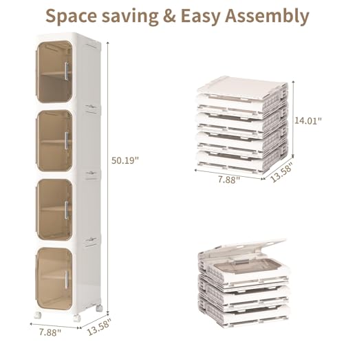 4 Tier Slim Bathroom Storage Cabinet, Foldable and Movable, Beige | Tools Free, ABS and PET, Magnetic Clear Door, Adjustable Shelves, Lockable Wheels, Water Resistant, For Narrow Space - color: Beige, size: 4 Tiers