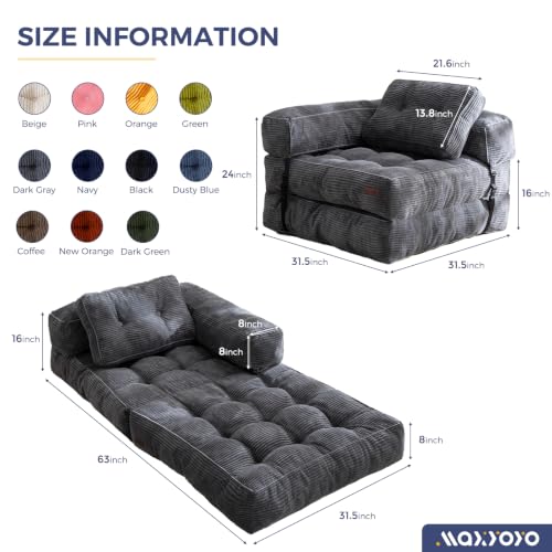 MAXYOYO Folding Sofa Bed, Convertible Chair Bed with Pillow | L-Shaped Floor Sofa with Armrest and Pillow, Foldable Portable Fold Out Comfy Chair Bed for Living Room Bedroom, Dark Grey - color: Dark Grey