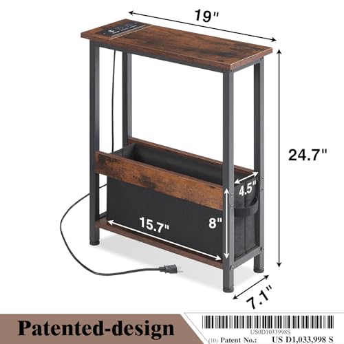 Slim Charging End Table with Storage - For Small Spaces and Bedroom - color: Rustic Brown