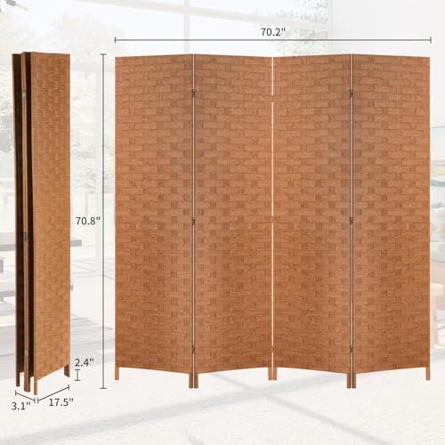 BLKMTY Room Divider, 6ft Folding Privacy Screens, Wall Divider Portable Room Seperating Freestanding Wood Screen, 4 Panels Hand-Woven Design Screen Double Hinged Dividers for Bedroom, Natural - color: Natural