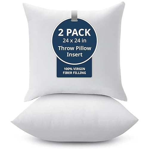 LANE LINEN 24x24 Throw Pillow Inserts Set of 2, Large, Back Support - White | Modern Solid Pillow Inserts For Sofa & Bed Support - Ultra-Soft 120 GSM Fabric, Everyday Home Decor Refresh, Machine Washable - size: 24x24