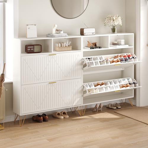 Shoe Cabinet Set of 2 with 2 Striped Flip Drawers, Storage Top, White丨Hidden Shoe Organizer, Freestanding Narrow Shoe Storage Rack for Entryway, Hallway, Entrance - color: 2pc-white, size: Large 2 Flip Drawers with Shelf