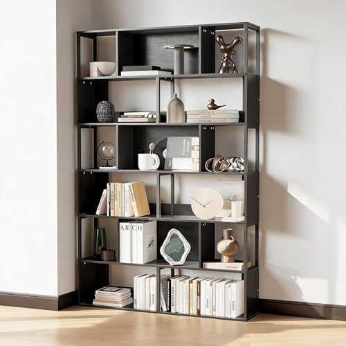 Garvee 6-Tier Bookshelf, Tall Geometric Bookcase, Modern Room Divider & Display Shelf with Anti-Tipping Devices, Mid Century Bookshelf for Living Room | Display Shelf with Anti-Tipping Devices, Mid Century Bookshelf for Living Room - color: Black, style: