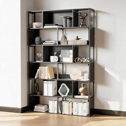 IDEALHOUSE 6-Tier Bookshelf, Tall Geometric Bookcase, Modern Room Divider & Display Shelf with Anti-Tipping Devices, Mid Century Bookshelf for Living Room - color: Black
