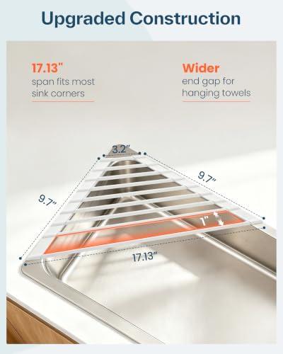 Ohuhu Corner Sink Strainer, Sponge Holder for Kitchen Sink Organizer - Silicone Wrapped Steel Anti Slip Rust Triangle Over the Sink Roll-UP Dish Drying Rack Caddy Kitchen Sink Accessories - color: White, size: 16.9" x 9.8" x 3.5"