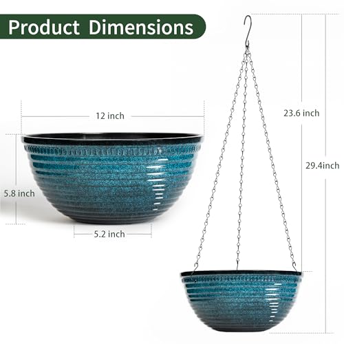 Vanslogreen 12 inch Hanging Planters for Indoor Outdoor Plants, 2 Pack Large Hanging Flower Pots with Drainage Holes and Chain, Glazed Hanging Baskets for Home Garden Decoration, Blue - color: Blue, size: 12inch