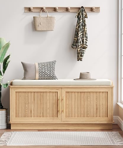 Akxomel Fluted Shoe Storage Bench with Cushion, 39.4" Entryway Bench with Adjustable Shelves and 2 Doors, Shoe Cabinet Bench with Curved Profile, for Hallway, Living Room, Bedroom, Natural Oak