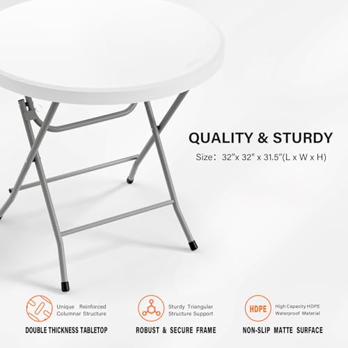 Bonnlo Round Folding Table 32 inch, HDPE Plastic Small Tabletop with Steel Frame Foldable Card Table for Indoor Outdoor Outside Dining, Party and Commercial Event, White - color: White