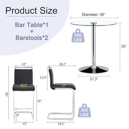 Bar Table and Chairs Set of 2,Round Counter Height Dining Table Set,35” Glass Round Bar Table Set with Black Bar Stools,Sturdy Silver Chrome Base,Small Pub Table Set for Apartment,Kitchen(36"H - color: Silver&black
