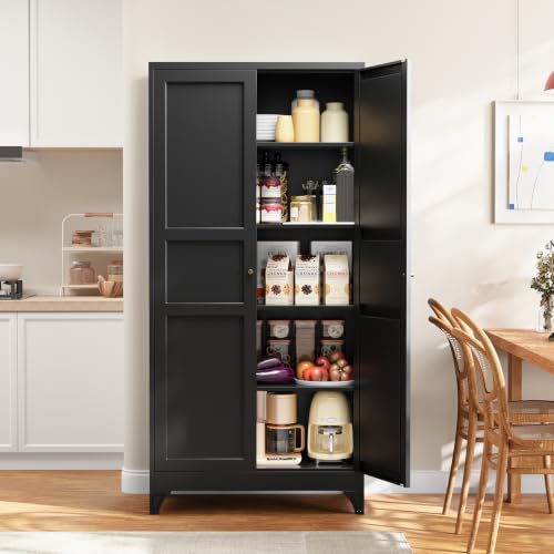 Metal Pantry Cabinet, 75" Kitchen Pantry with 2 Door and 4 Adjustable Shelves,Black Metal Pantry Storage Cabinet,Cupboard for Kitchen,Dining Room,Living Room and Bathroom - color: Black, size: 75"H