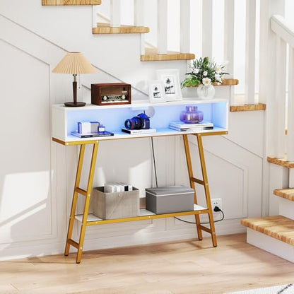 GIANTEX Modern Console Table with Charging Station & LED Lights | 40" Entryway Table with Storage Shelves, 3-Tier Display Shelf for Small Space, Sofa Table for Living Room, White & Gold - color: White + Gold